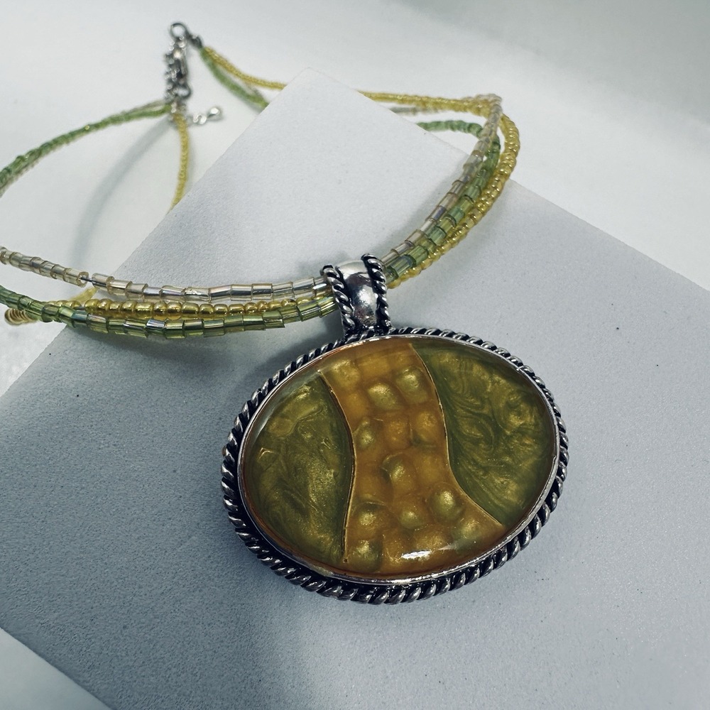 KC Signed Multi Strand Beaded Necklace Green Gold Resin Pendant Boho 18" Unique - Picture 6 of 11